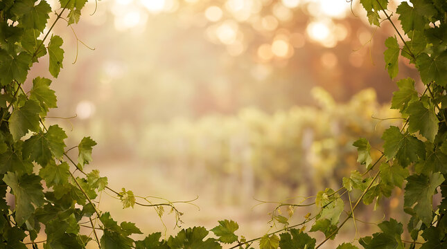 Grapevine leaves framing a sunlit vineyard with bokeh during a golden hour