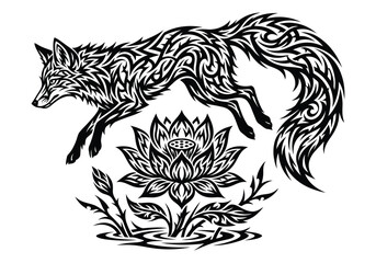 Obraz premium Tribal Fox Spirit Leaping Over Blooming Lotus Flower With Water Reflections And Spiky Stems In Black And White Stylized Art Illustration Representing Nature And Animalistic Energy For Decorative