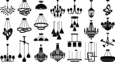 Naklejka premium Modern and Classic Ceiling Lights Chandelier Black Silhouette Vector Collection