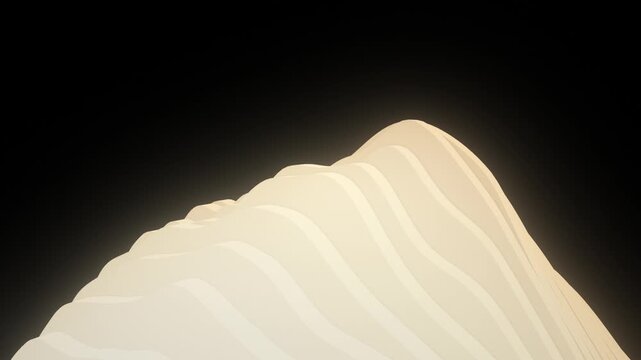 Warm glowing topographic mountain sculpted from smooth stacked layers in a minimal 3D animation render on a dark background