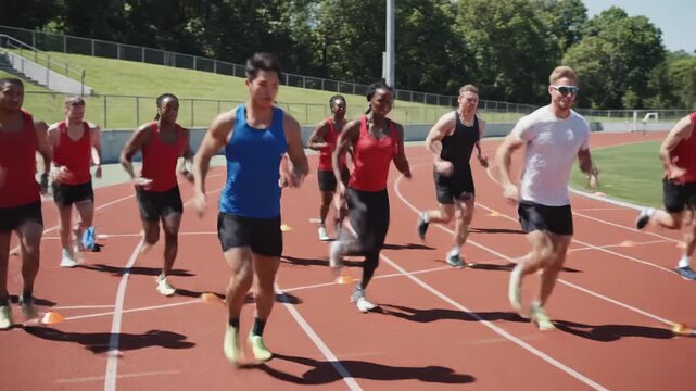 A diverse group of athletic individuals trains together by running on an outdoor sports track during a sunny day to improve their overall fitness and endurance through persistent cardiovascular