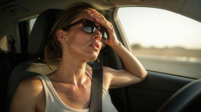 Exhausted woman wiping sweat inside a hot car during a warm summer heatwave in a close-up photo.