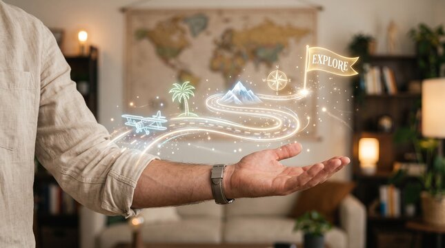 Person holding holographic travel route. Digital map showing vacation planning and journey.
