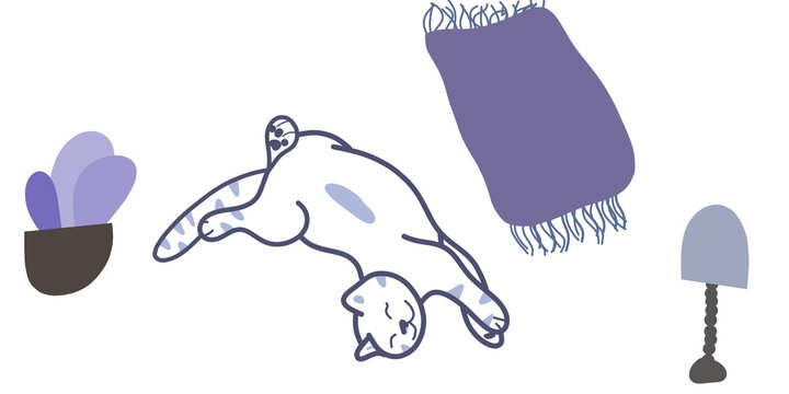 Cute vector set with a sleeping cat, plant, blanket, and lamp in pastel purple and blue colors isolated on transparent or white background, png