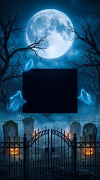 Spooky Halloween night background with full moon, graveyard, ghosts and empty space for text