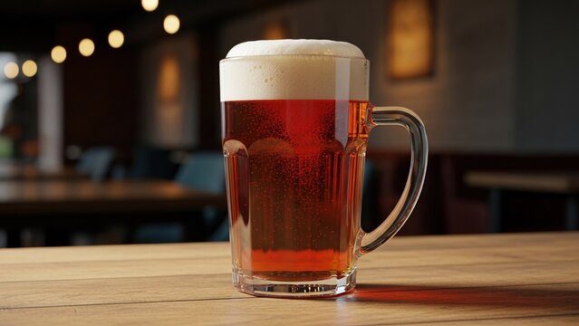 Refreshing Amber Ale in Glass Mug on Bar Table