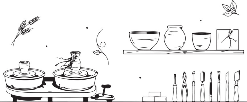 Pottery studio equipment and ceramics on white background
