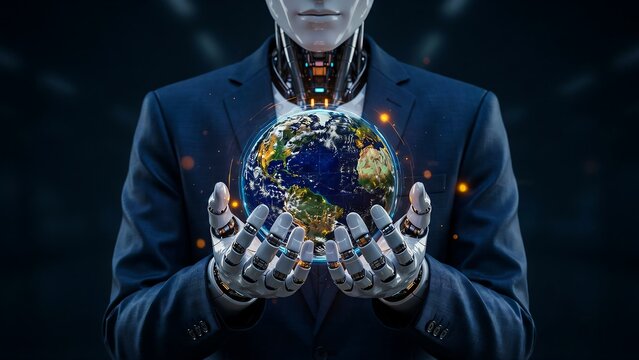 Humanoid robot holding planet earth symbolizing artificial intelligence and global technology