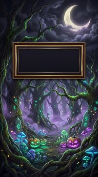 Spooky Halloween Forest Poster Template with Empty Gold Frame and Glowing Pumpkins