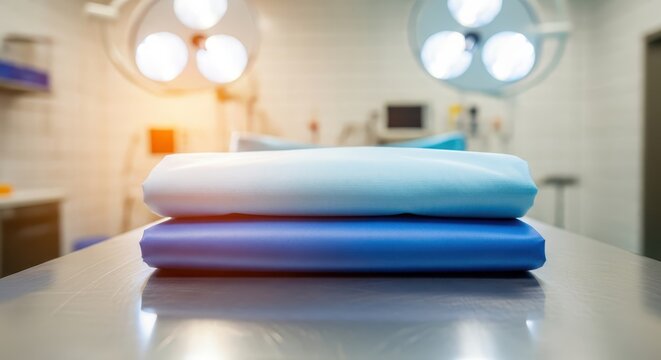 Two clean medical towels stacked on a metal table in an operating room with bright surgical lights overhead
