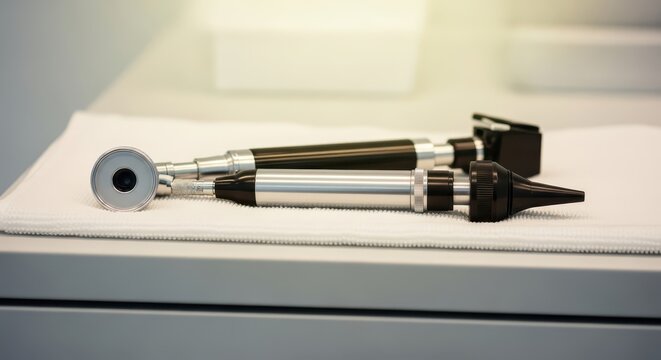 Two ENT otoscopes and ophthalmoscope on a white towel on a medical examination table, diagnostic equipment for ear and eye exams