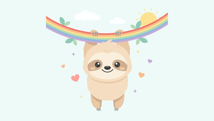 Fototapeta premium Baby sloth dangling from rainbow – Ideal for nursery decor, positive mood graphics, or kids stickers.