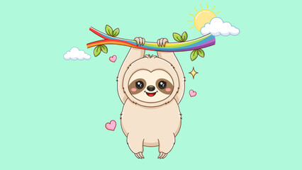 Fototapeta premium Cute sloth hanging on rainbow – Great for children's wall art, cheerful stationery, or baby clothing.