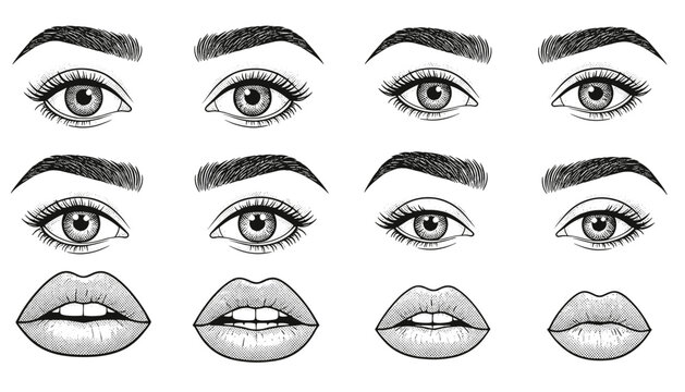 Set of detailed black and white sketch drawings showing different styles of female eyes, eyebrows, and lips for beauty reference.