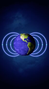 Earth Magnetic Field Lines Animation, Planet Globe with Glowing Magnetic Force Field for Science & Technology Videos Streams vertical social media motion background