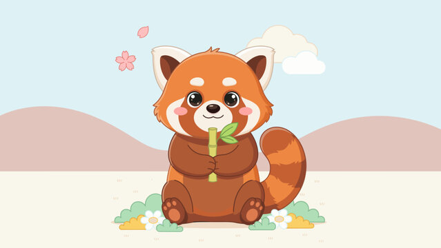 Red panda hugging bamboo shoot &ndash; Ideal for wildlife conservation, Asian nature themes, or kids art.