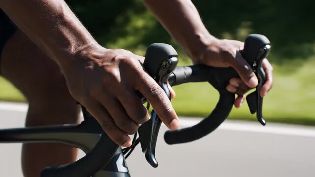 An energetic athletic person holds the handlebars of a racing bicycle while riding along an outdoor pavement track during a bright summer day to maintain cardiovascular health and physical