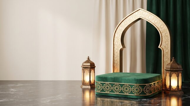 Luxury emerald green podium with elegant gold Islamic geometric decoration, glowing lanterns, and a graceful arch, creating a premium product display stage with realistic studio lighting and copy spac