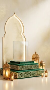 Luxury emerald green podium with elegant gold Islamic geometric decoration, glowing lanterns, and a graceful arch, creating a premium product display stage with realistic studio lighting and copy spac