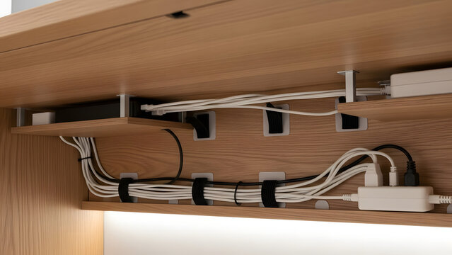 Organized desk cables and wires, tidy workspace, wood texture, technology management