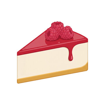 Slice of delicious raspberry cheesecake vector illustration topped with fresh ripe berries and sweet dripping red fruit sauce isolated transparent background
