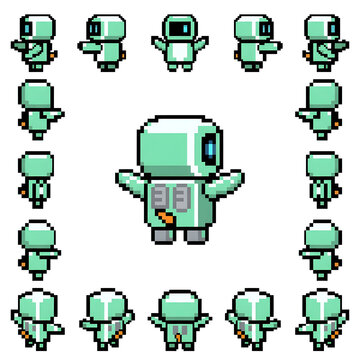 Pixel art character sprite sheet of a cute light green robot from multiple angles.