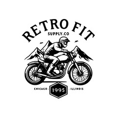 Obraz premium Vintage motorcycle rider logo with mountain backdrop. Retro biker emblem for apparel or branding.