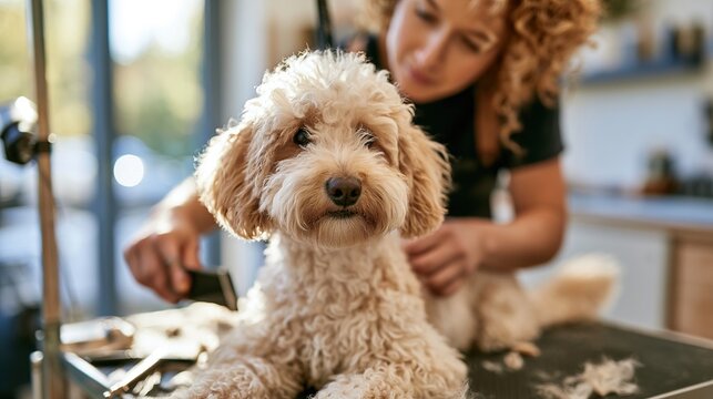 Dog being groomed at a professional grooming salon. Bathing, trimming, and brushing with gentle animal care.