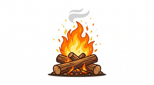 Campfire burning logs vector illustration isolated on white background. Burning bonfire with wooden logs, sparks, and smoke for camping, outdoor adventure, and summer camp design.