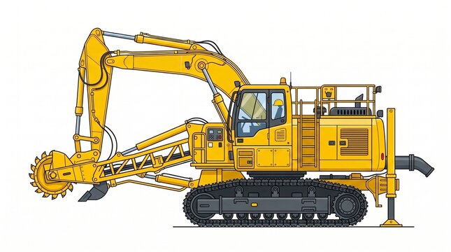 Yellow heavy construction trenching excavator machine vector illustration isolated on white background. Side view of tracked trencher digging equipment, construction machinery concept