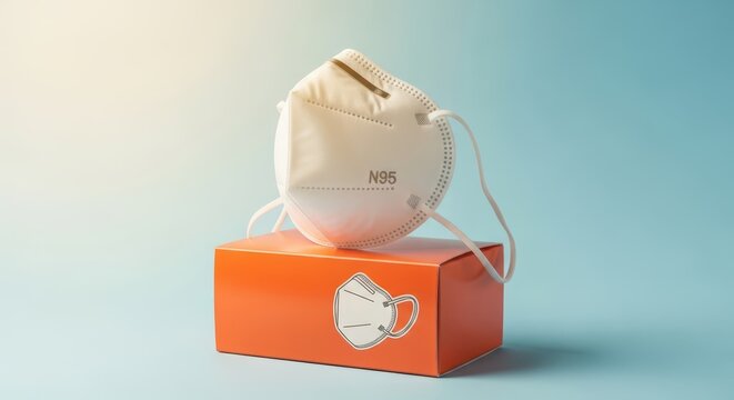 White N95 respirator mask resting on a small orange box with a mask graphic, against a light blue background with soft lighting