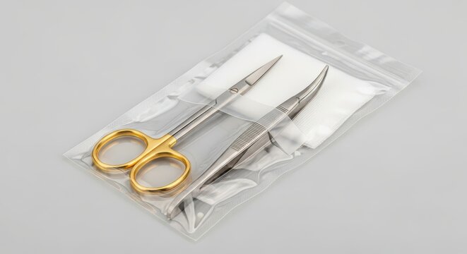 Surgical Instruments Kit: Tweezers and Scissors in Sterile Packaging for Medical Procedures