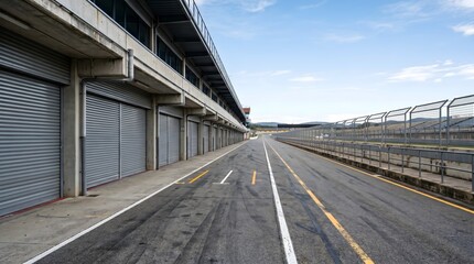 Fototapeta premium Pit-Lane, Garage. Motor sport circuit empty pit lane rear view, wall and box closed