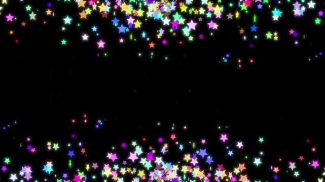 Vibrant multicolor star confetti top and bottom border animation on dark background