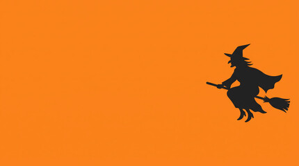 Fototapeta premium Minimalist flat vector style halloween background with witch on broomstick right edge, empty copy space template for twitter/x header