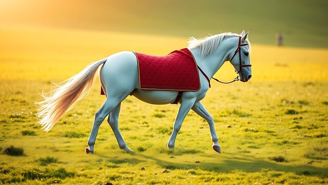 White horse in red brocade caparison walking on green meadow in morning light.