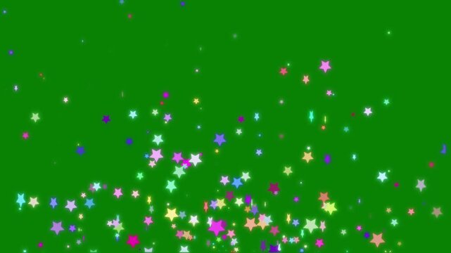 Colorful glowing star particles rising up bottom border loop animation on green screen