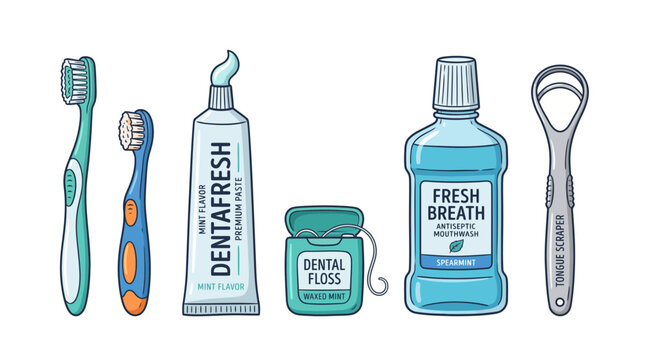 Set of oral hygiene essentials including toothbrushes toothpaste dental floss mouthwash and tongue cleaner tools for daily dental care routine