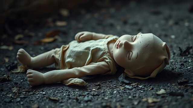 A soiled cloth doll lying on the ground, showing signs of wear.