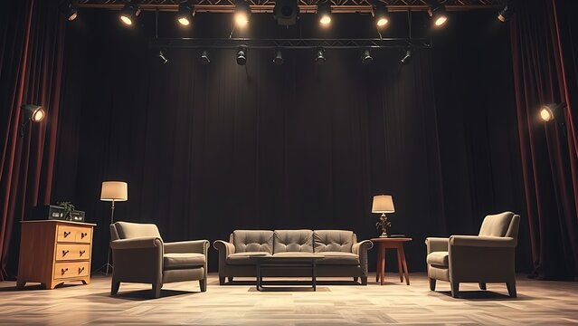 Stage set with deliberately misaligned prop furniture in a theatrical setting.