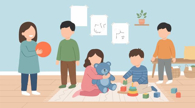 Happy children playing with toys in a childcare setting illustration