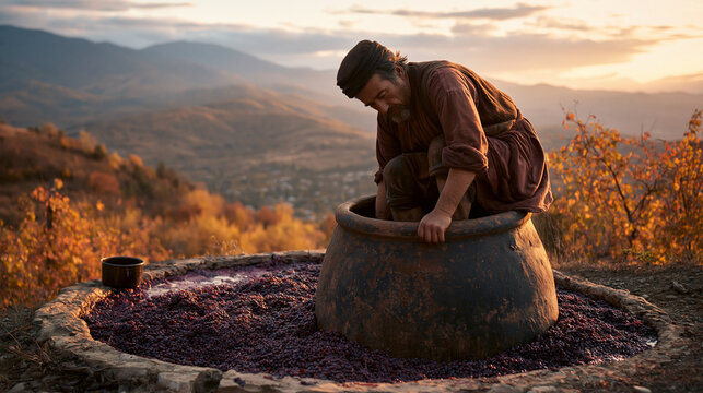 Traditional Grape Harvest at Sunset: Artisan Wine Making and Vineyard Culture in Scenic Autumn Landscapes