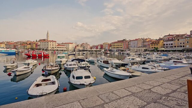 Rovinj Harbor Panorama with Marina and Old Town Croatia.Filmed on July 17, 2026.