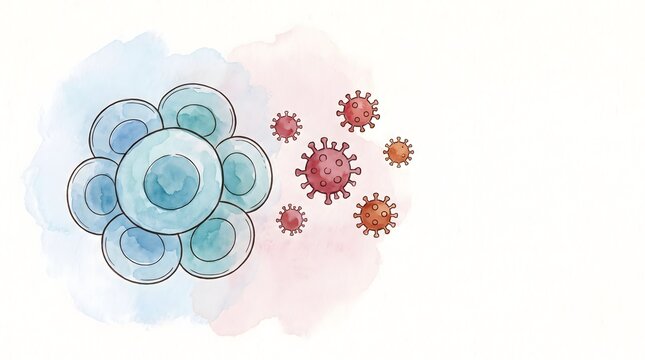 Watercolor Illustration of Human Immune System Cells Resisting Viral Pathogen Infection