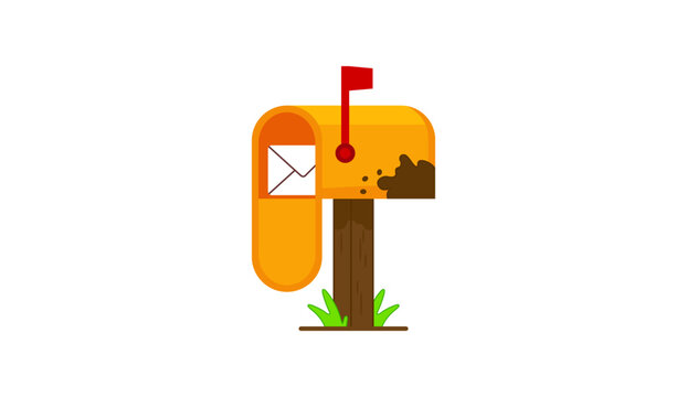 Yellow Vintage Mailbox with Letter and Red Flag Flat Vector Illustration Isolated on White Background
