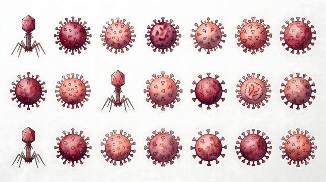 Collection of Scientific Virus Icons and Bacteriophage Illustrations for Biological Research