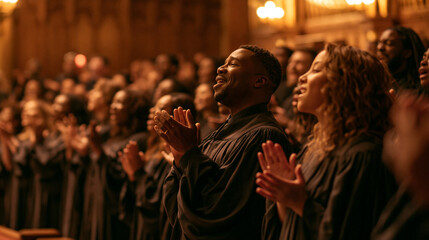 Fototapeta premium Dynamic Gospel Choir Celebration Indoors: Applause and Unity in Spiritual Performance