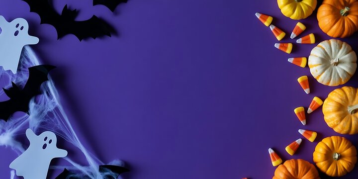 Halloween flat lay with mini pumpkins candy corn bats ghosts and webbing on purple background, for seasonal festive, party invitation layout