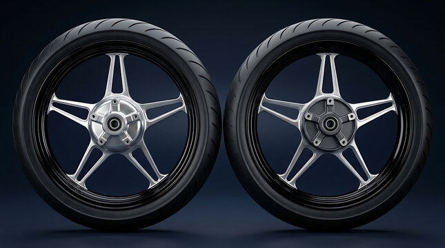 Two motorcycle wheels with stylish alloy rims and tires displayed on dark background
