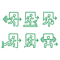 Fototapeta premium Green vector icon set of people exercising and running through emergency exit